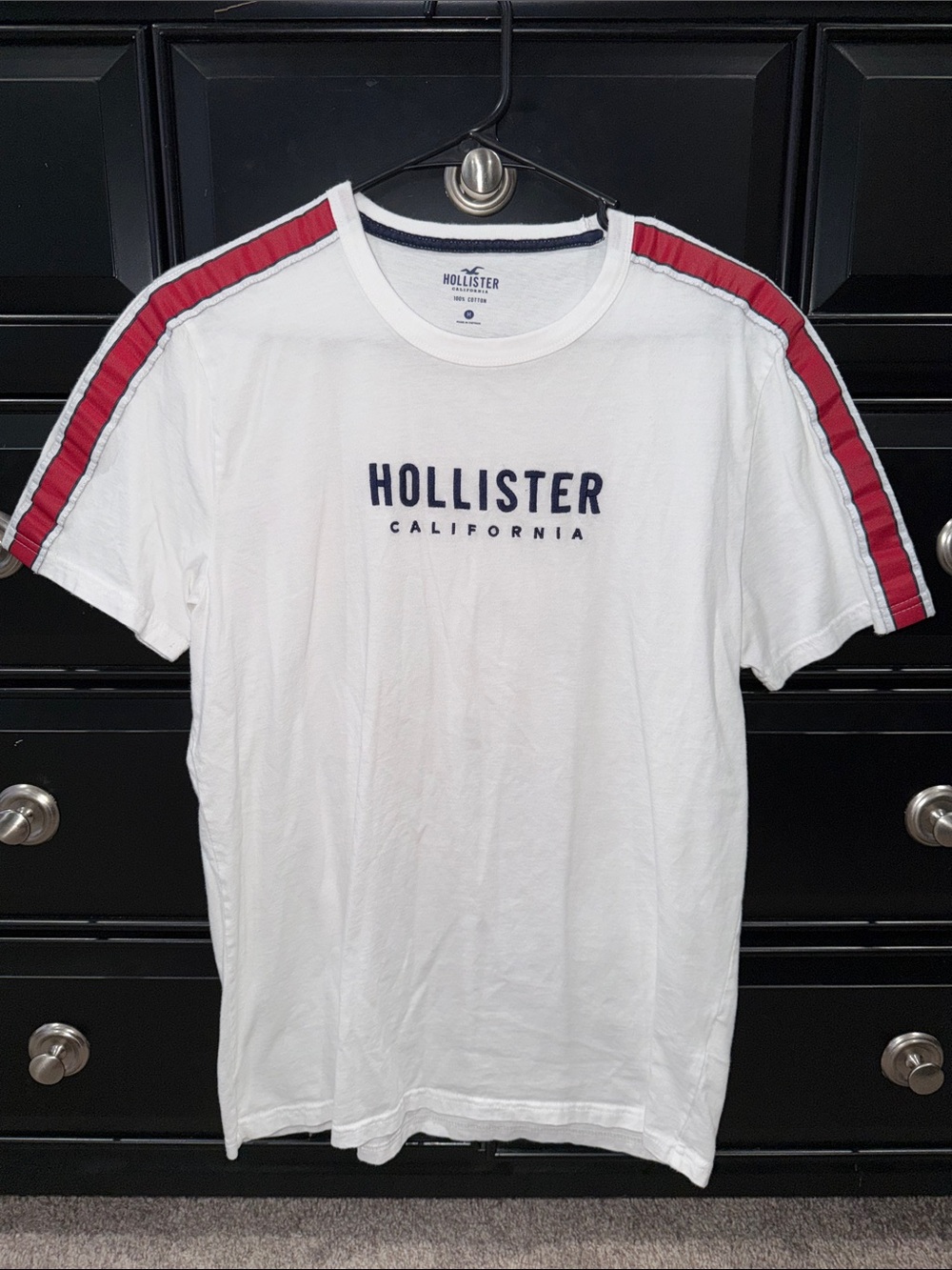 Hollister White Tee with Red Shoulder Stripes and Navy Logo